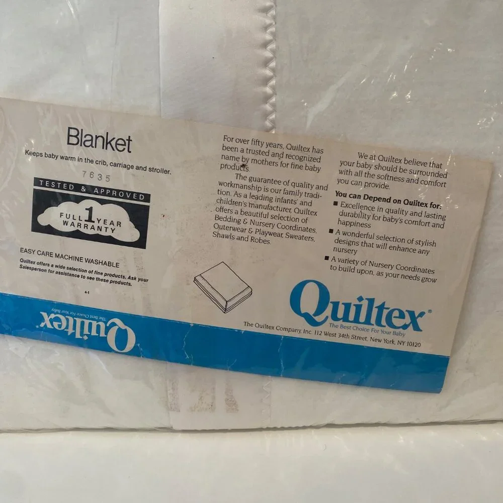 Quiltex White Baby Blanket New in Package Satin Trim Embroidered‎